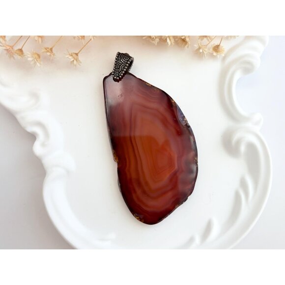 Brown Sliced Agate Stone Freeform Shaped Large Silver Toned Vintage Pendant - Picture 6 of 14